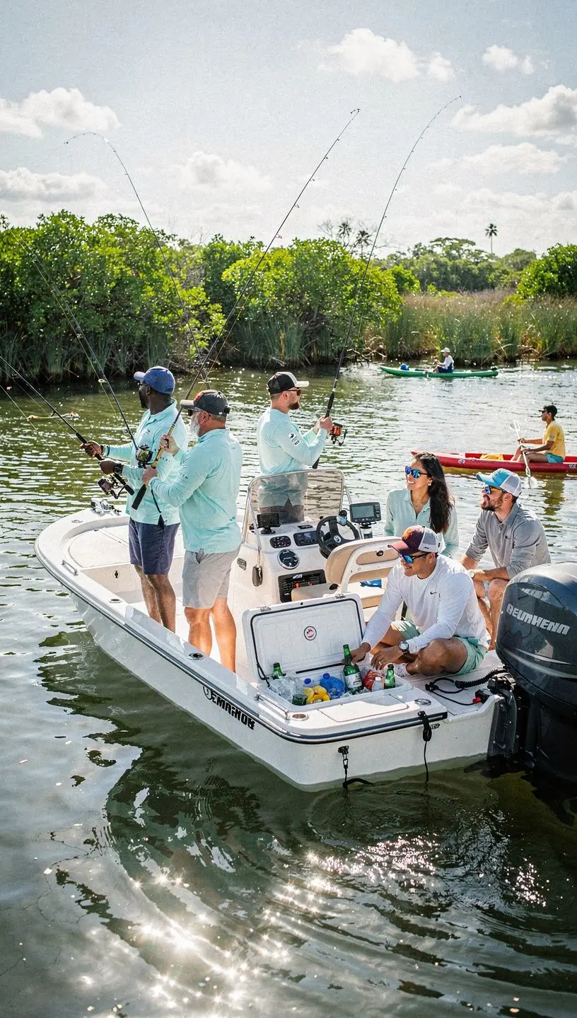 Семья, наслаждающаяся водными видами спорта на фоне яркого заката над морем.