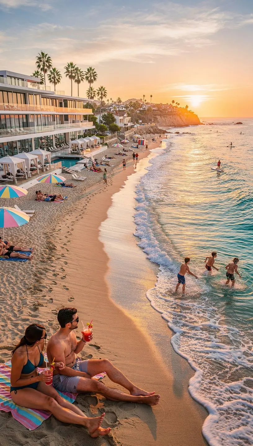 Солнечный пляж с пальмами и роскошным курортом на фоне океана.