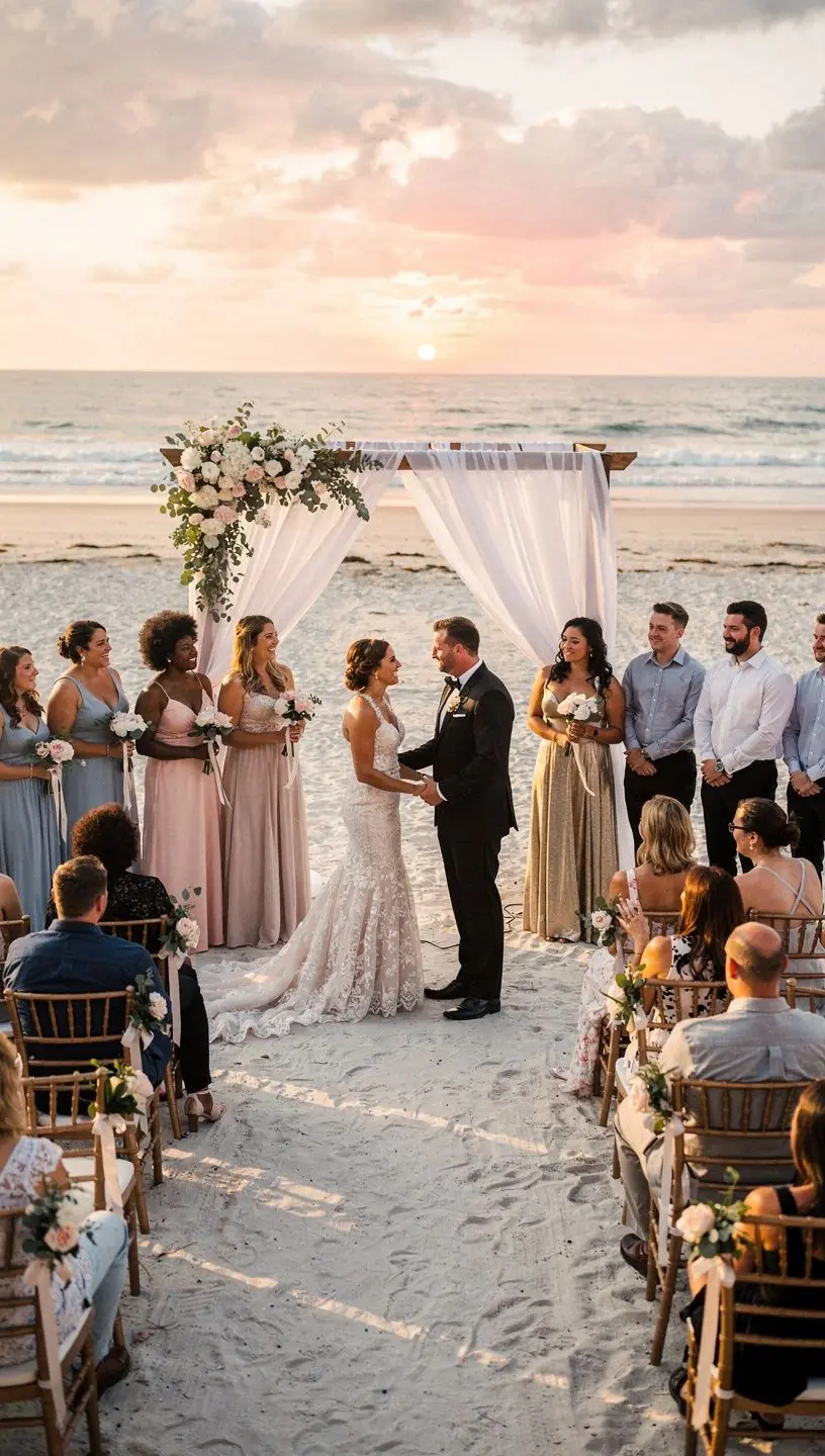 Пляжный курорт с видом на океан, окруженный пальмами и солнечными шезлонгами.