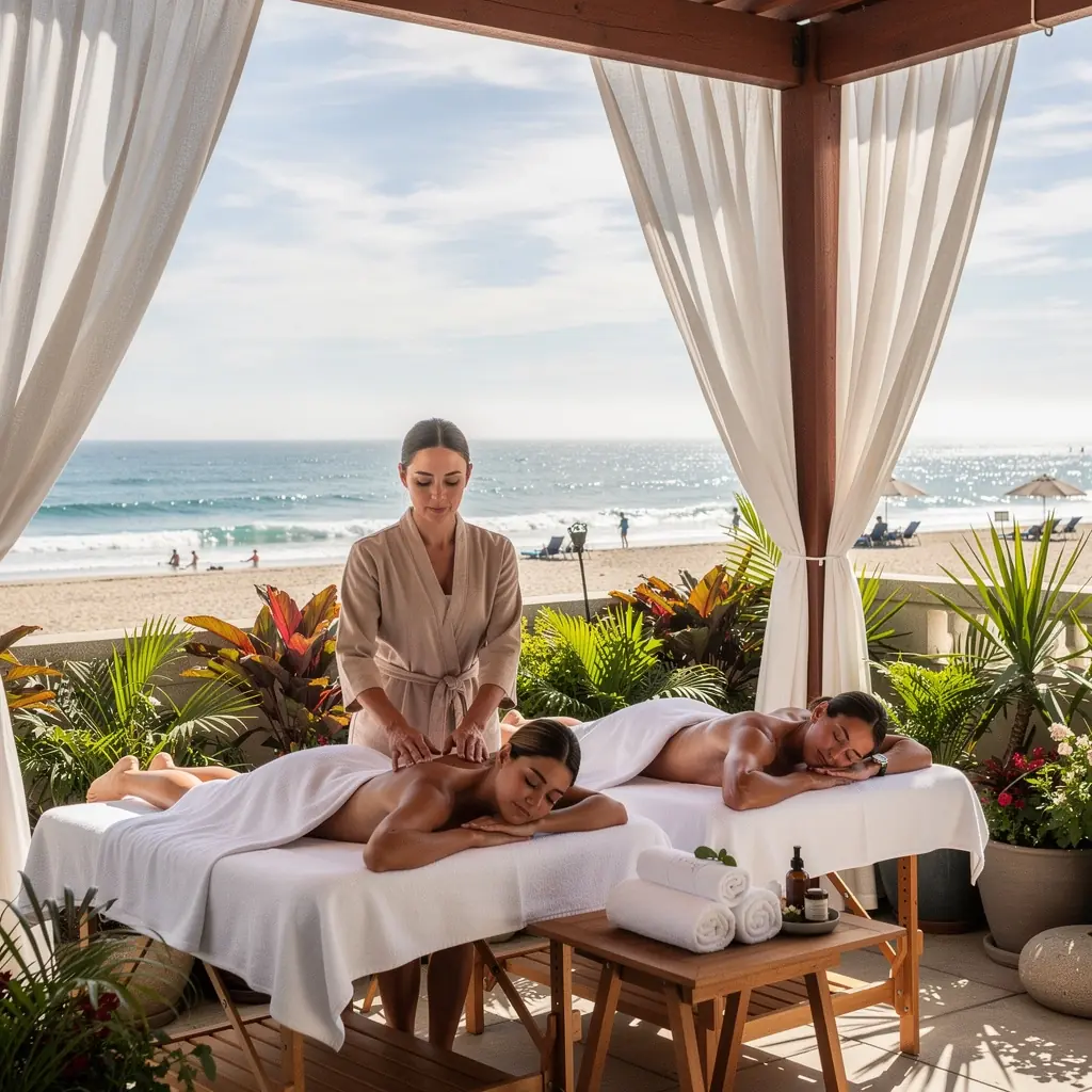 Панорамный вид на роскошный курорт у побережья с пляжем и океаном на заднем плане.