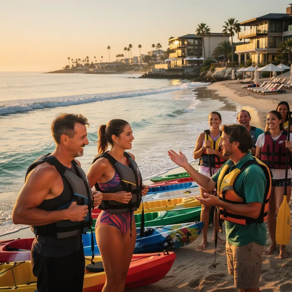 Живописный вид на закат над побережьем с пальмами и спокойными водами.