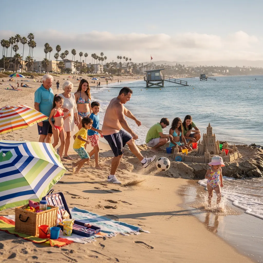 Песчаный пляж с пальмами и кристально чистой водой на фоне заката.