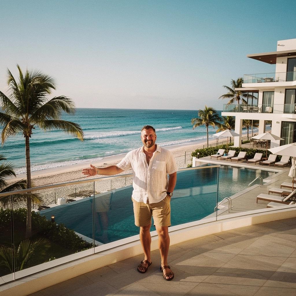 Роскошный курорт с видом на океан и уютными шезлонгами у бассейна.